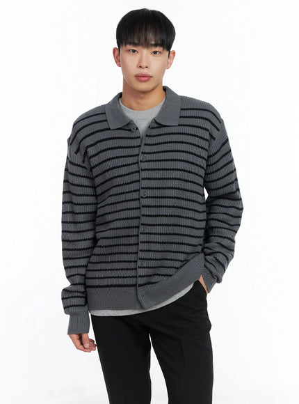 mens-stripe-knit-collared-cardigan-in518-1 / Gray