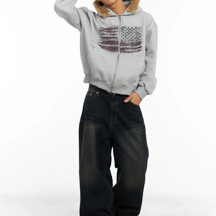 mens-flag-graphic-fur-zip-up-hoodie-id511 / Gray