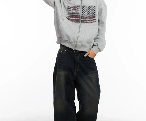 Men's Flag Graphic Fur Zip-Up Hoodie ID511 - Acubi style | LEWKIN