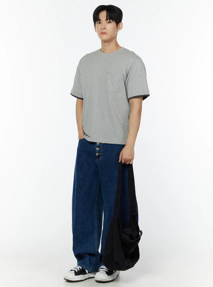 mens-layered-semi-crop-t-shirt-with-pocket-iu504 / Gray