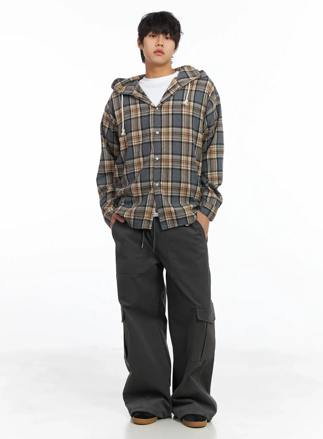 mens-plaid-hooded-flannel-ij512 / Gray