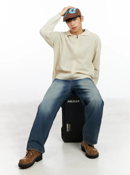 mens-waffle-knit-zip-up-cardigan-im511 / Light beige