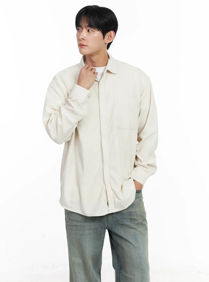mens-simple-suede-button-up-shirt-ij521 / Light beige