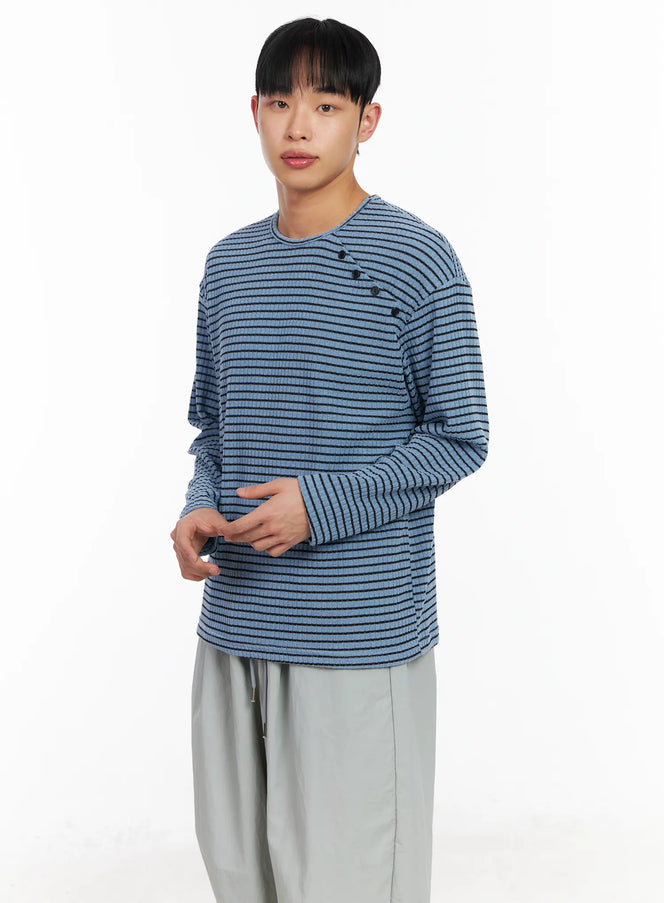 mens-button-accent-stripe-long-sleeve-tee-ia502 / Light blue