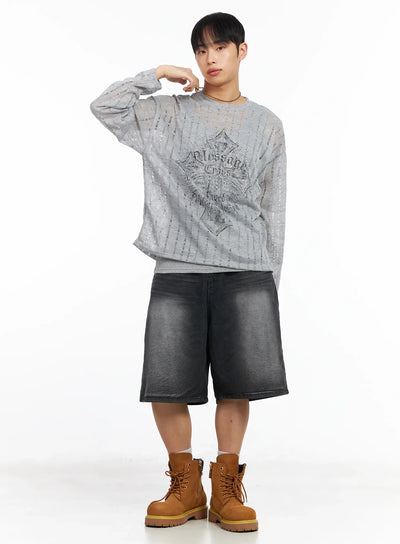 mens-distressed-graphic-long-sleeve-top-im516 / Light gray