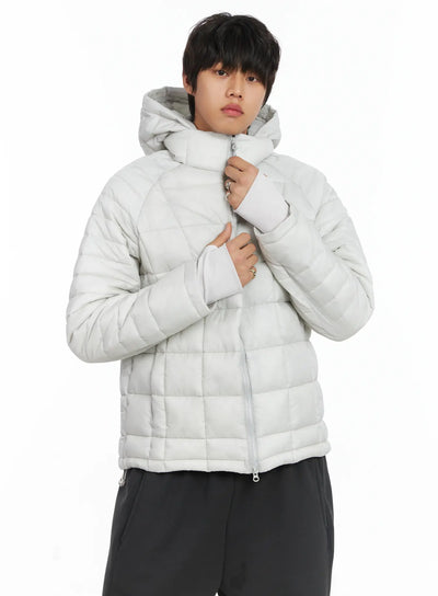 mens-square-quilted-hooded-puffer-jacket-ij512 / Light gray
