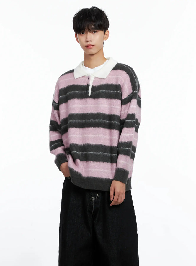 mens-striped-knit-sweater-light-pink-is519 / Light pink