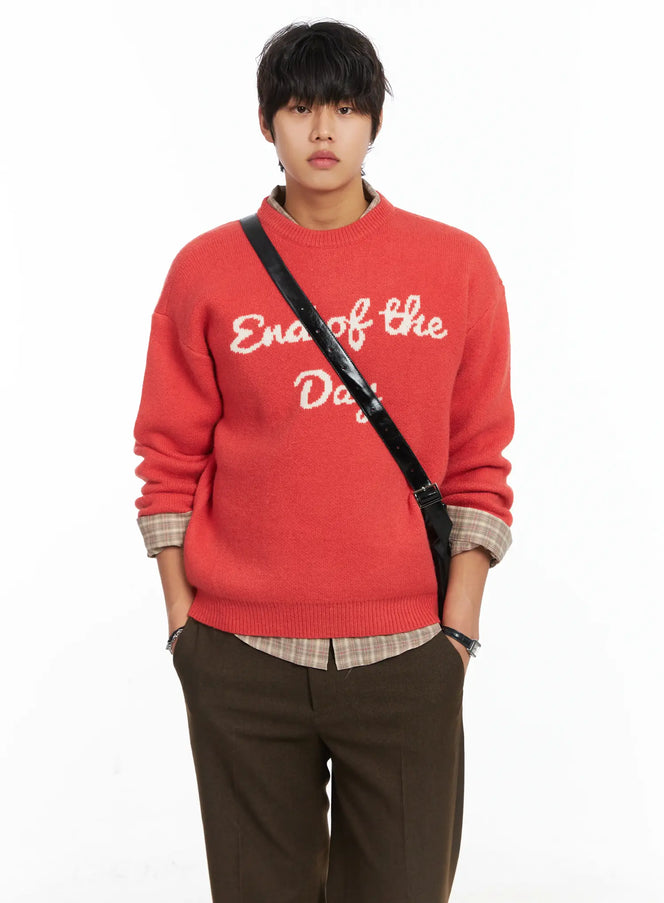 mens-graphic-lettering-knit-pullover-ij512 / Orange