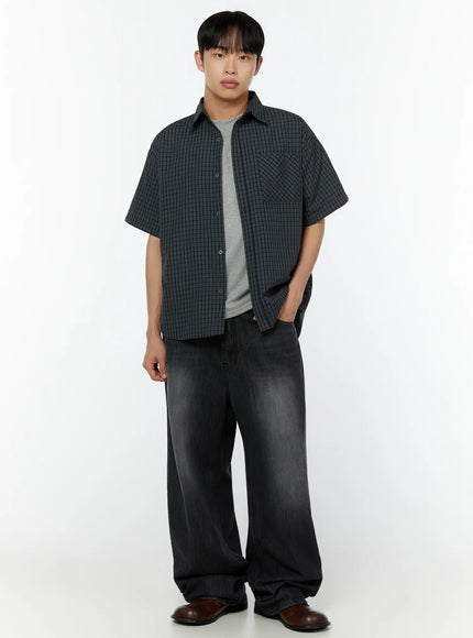 mens-plaid-short-sleeve-shirt-dark-green-iu516