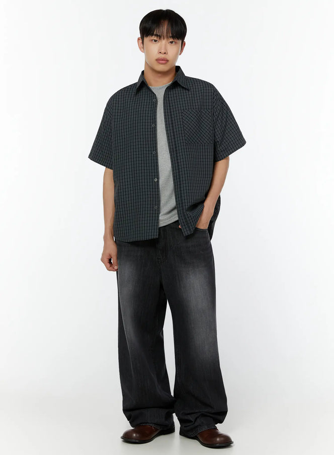 mens-plaid-short-sleeve-shirt-dark-green-iu516