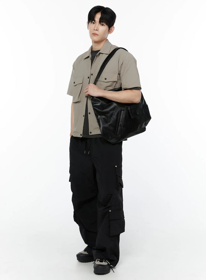 mens-casual-snap-button-short-sleeve-shirt-ia527 / Beige