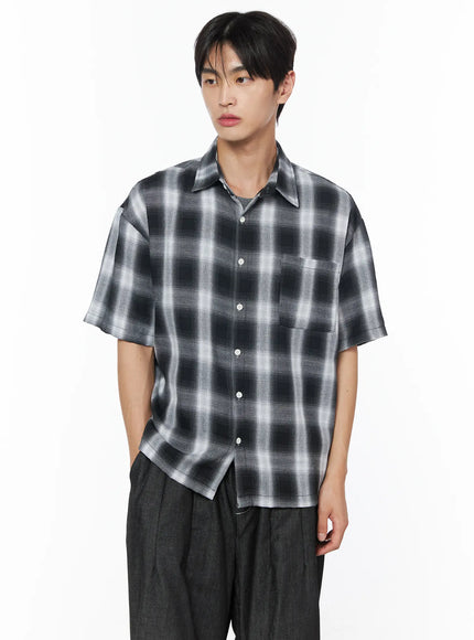 mens-plaid-short-sleeve-button-up-shirt-iu510 / Black
