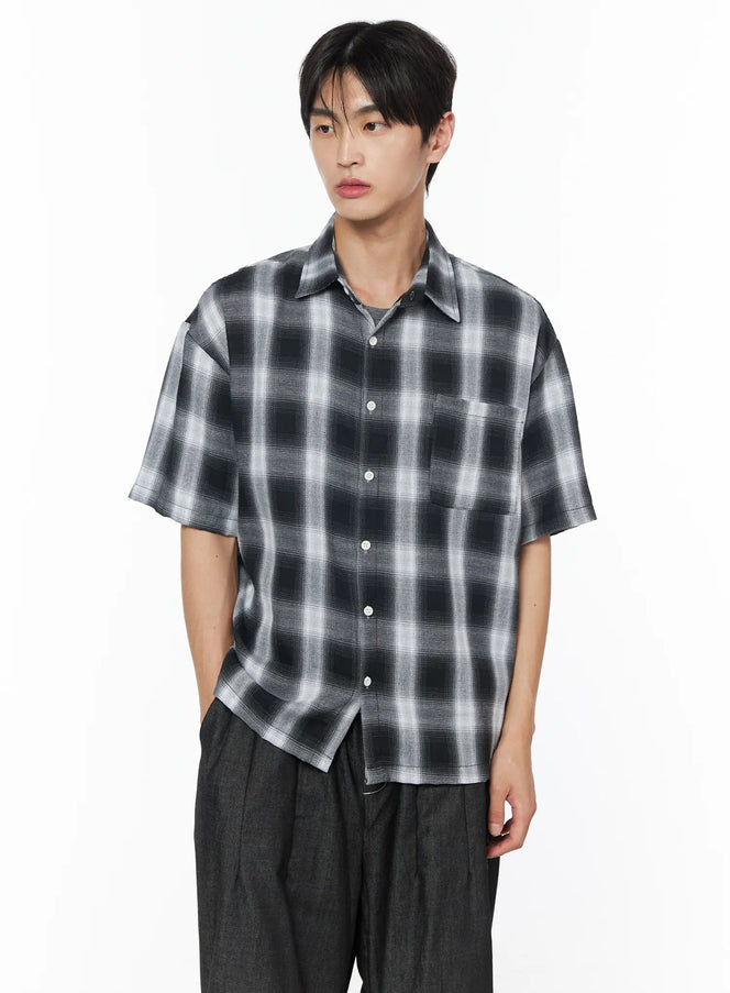 mens-plaid-short-sleeve-button-up-shirt-iu510 / Black