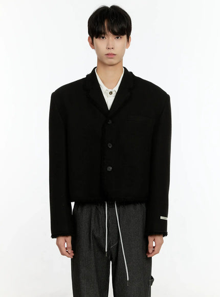 mens-fringe-detail-cropped-wool-jacket-in503 / Black