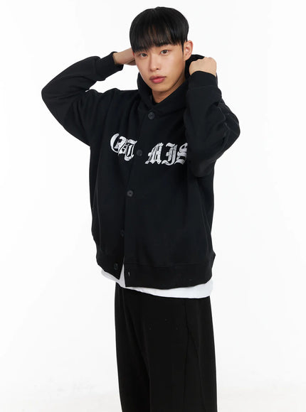 mens-graphic-button-up-hoodie-ia501 / Black