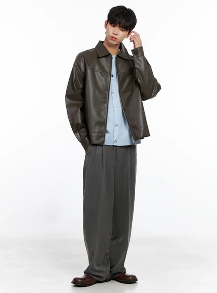 mens-classis-faux-leather-zip-up-jacket-is519 / Brown