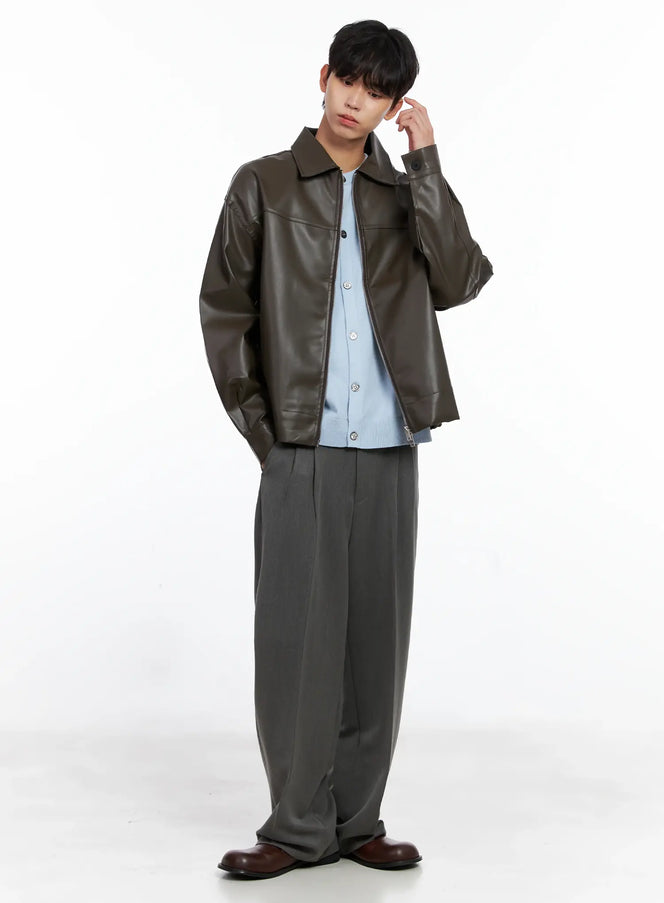 mens-classis-faux-leather-zip-up-jacket-is519 / Brown