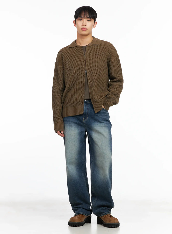 mens-waffle-knit-zip-up-cardigan-im511 / Brown