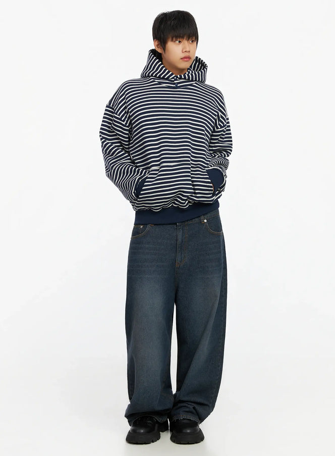 Men's Striped Button Neck Hoodie IF503 in Dark blue, size M/L