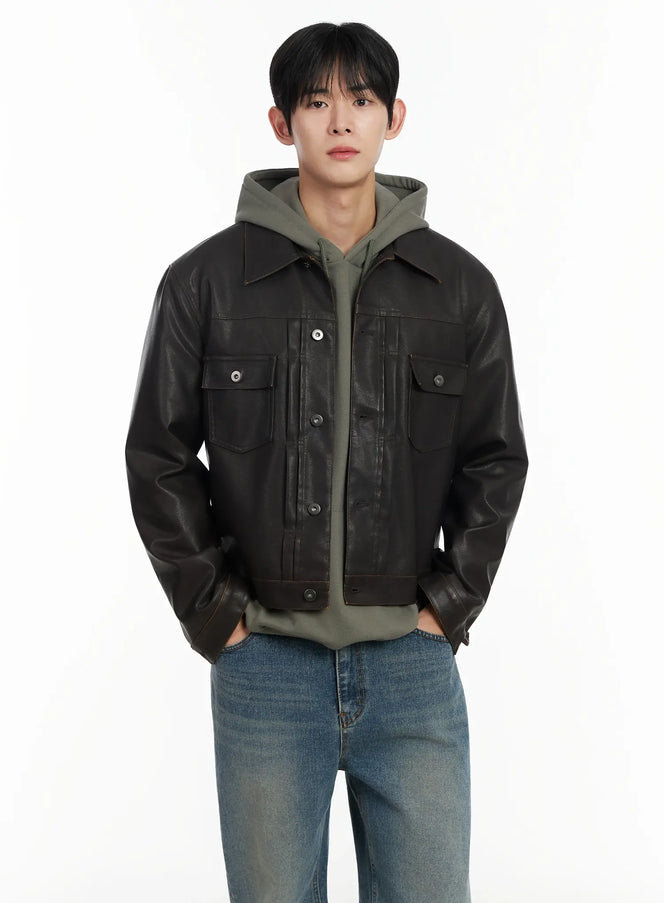 mens-faux-leather-jacket-if516 / Dark brown