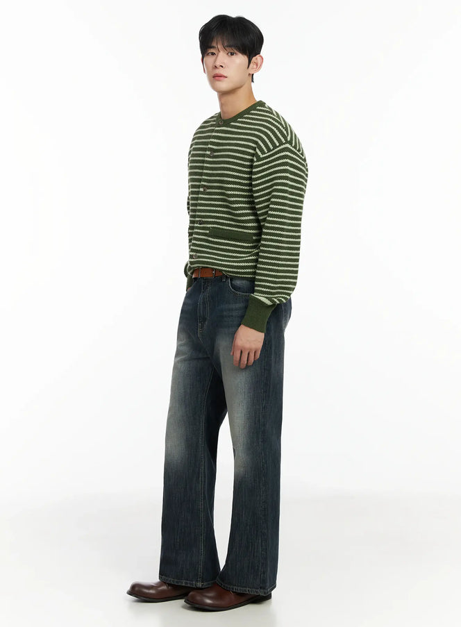 mens-striped-waffle-knit-cardigan-if517 / Green