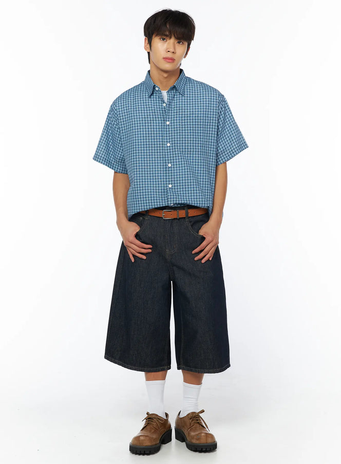 mens-breezy-checked-short-sleeve-shirt-iy529 / Light blue