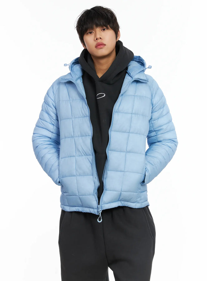 mens-square-quilted-hooded-puffer-jacket-ij512 / Light blue