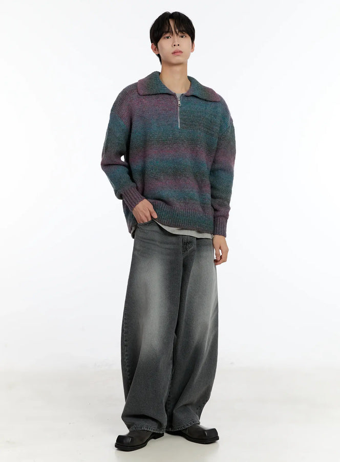 Men's Alpaca Knit Quarter Zip Sweatshirts ID502 in Purple, size M/L