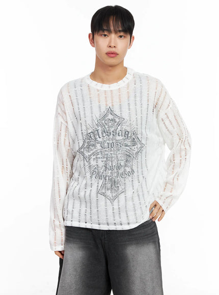 mens-distressed-graphic-long-sleeve-top-im516 / White