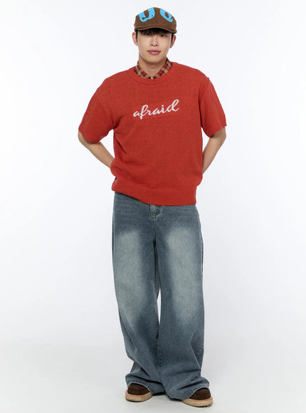 mens-casual-slogan-knit-shirt-ia517 / Orange