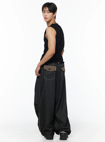 mens-plaid-pocket-drawstring-jeans-black-iu510