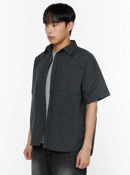 mens-plaid-short-sleeve-shirt-dark-green-iu516