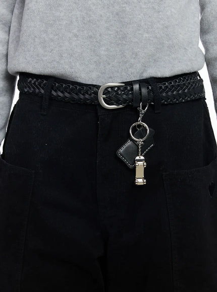 mens-woven-leather-keychain-belt-if504 / Black