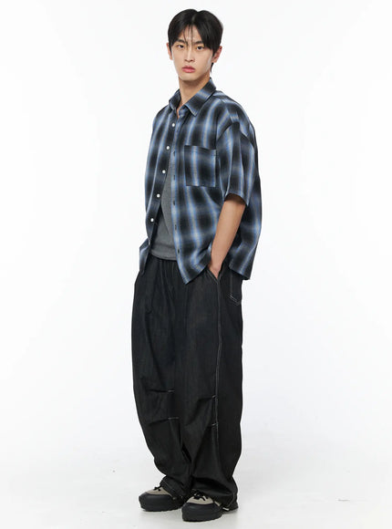 mens-plaid-pocket-drawstring-jeans-black-iu510