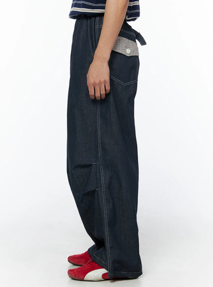 mens-plaid-pocket-drawstring-jeans-dark-blue-iu510