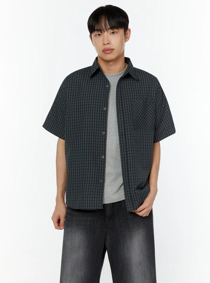 mens-plaid-short-sleeve-shirt-dark-green-iu516