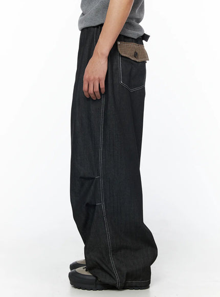 mens-plaid-pocket-drawstring-jeans-black-iu510
