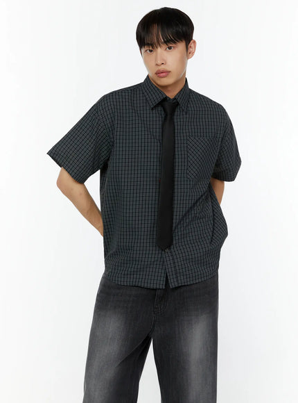 mens-plaid-short-sleeve-shirt-dark-green-iu516 / Dark gray
