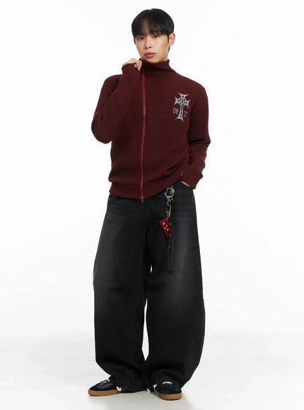 cross-print-high-neck-zip-up-cardigan-id515 / Dark red