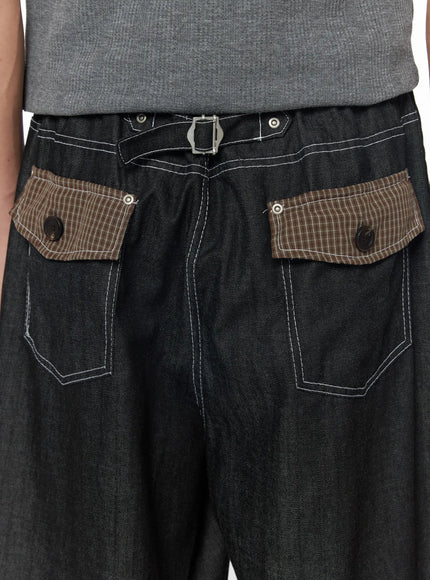 mens-plaid-pocket-drawstring-jeans-black-iu510