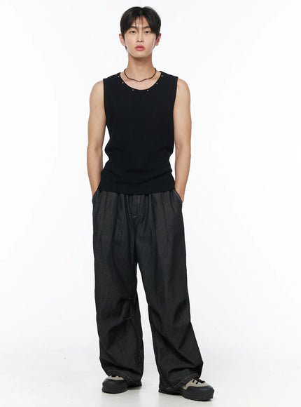 mens-plaid-pocket-drawstring-jeans-black-iu510