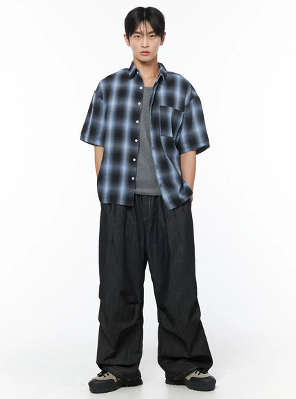 mens-plaid-pocket-drawstring-jeans-black-iu510
