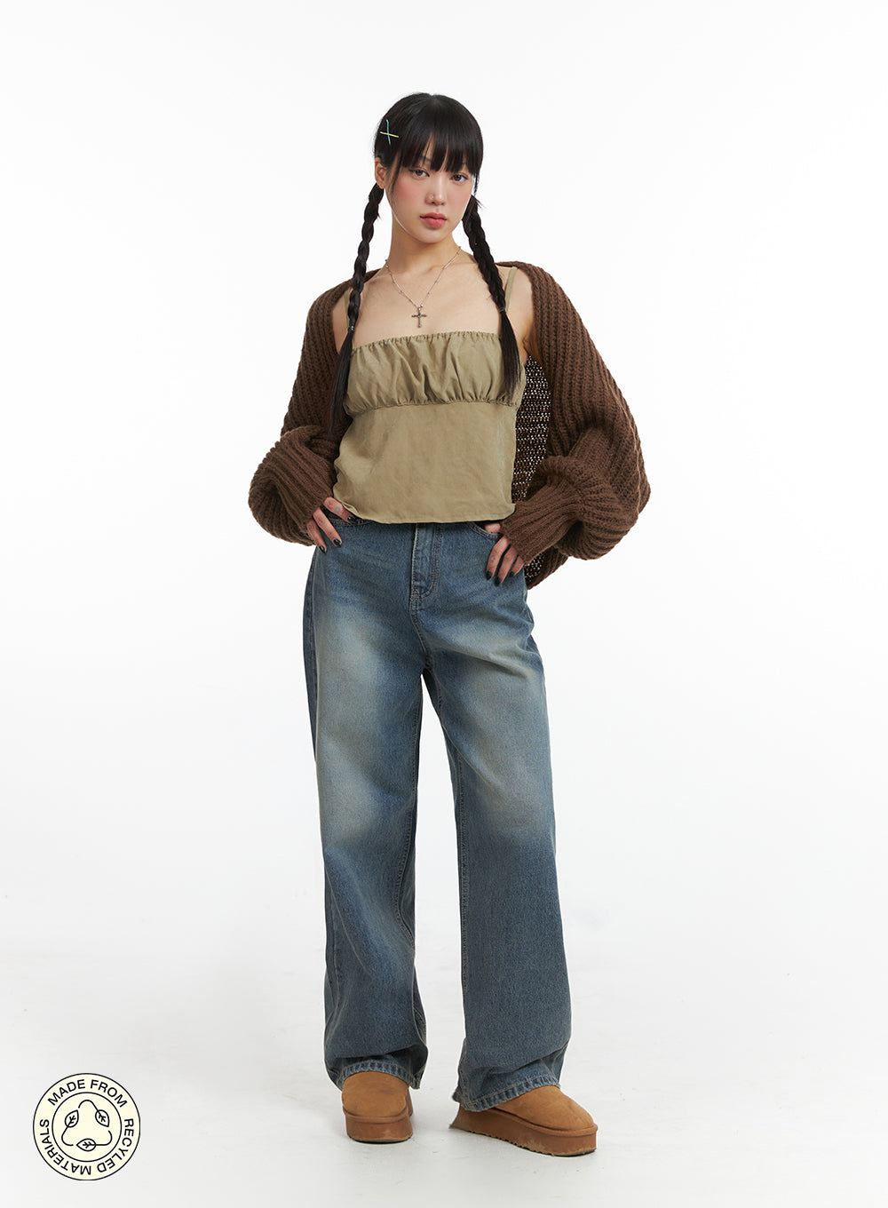 Solid Mid Waist Pocket Straight Leg Jeans IJ411 in washed blue, full-body front view on model, wide-fit washed denim in street style look, paired with khaki bustier top, brown open-knit cardigan and tan platform boots.