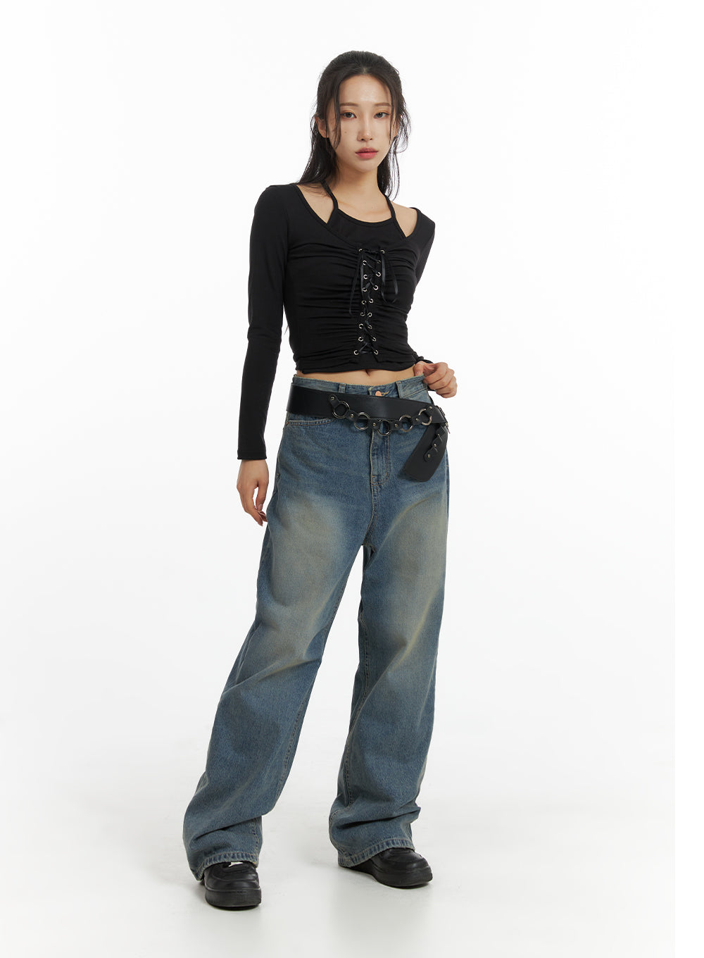 Solid Mid Waist Pocket Straight Leg Jeans IJ411 in washed blue, full-body front view on model, wide-fit denim styled with black lace-up ruched crop top and black ring-detail belt, street-style editorial look.
