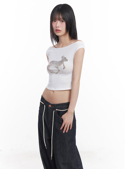 Cute Animal-Print  Graphic Off-Shoulder Crop Top CY521