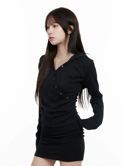 snap-button-long-sleeve-hooded-top-cs530 / Black