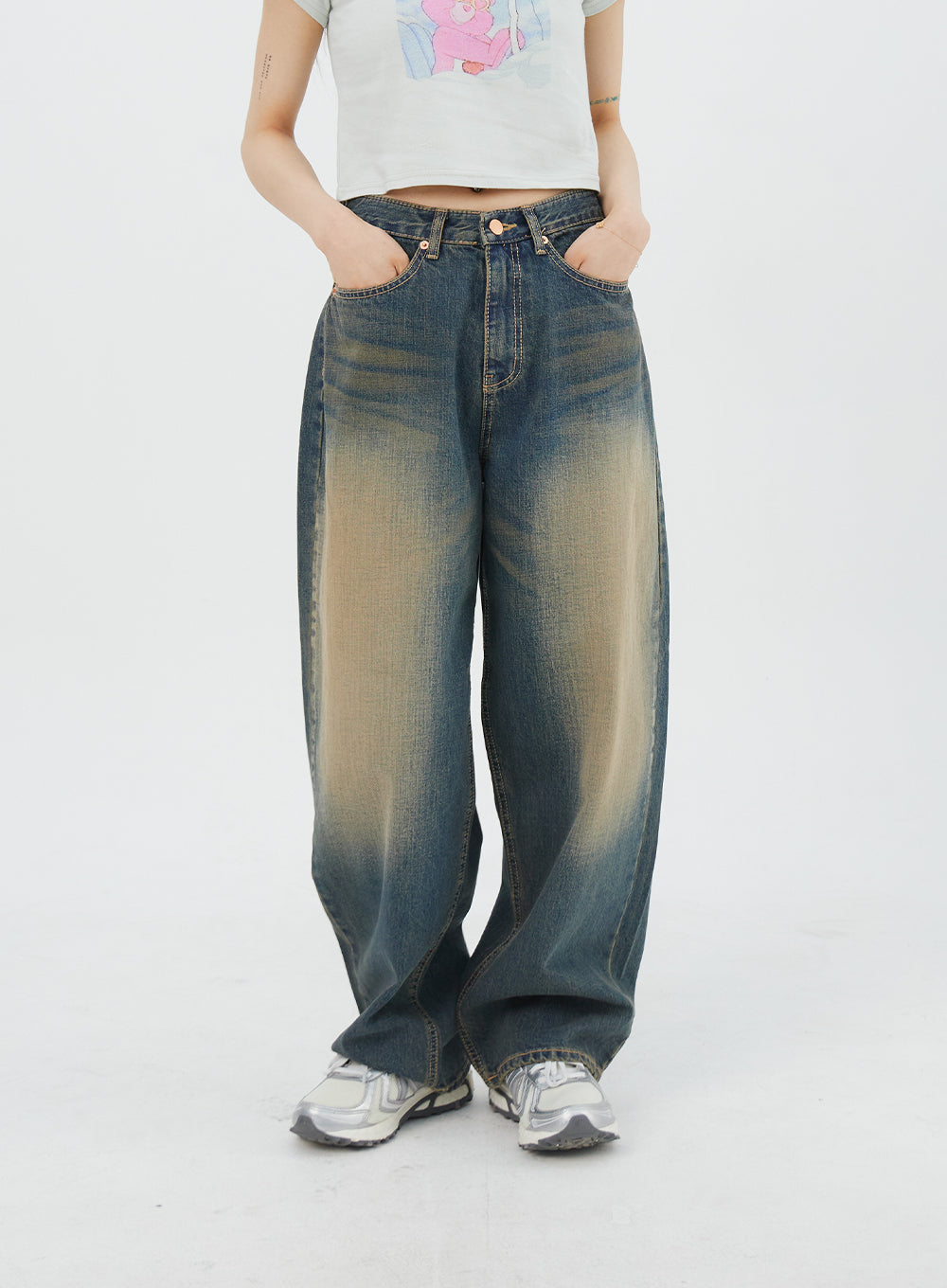 Washed Wide Denim Pants - Korean Women Washed Wide Denim Pants - Korean Women