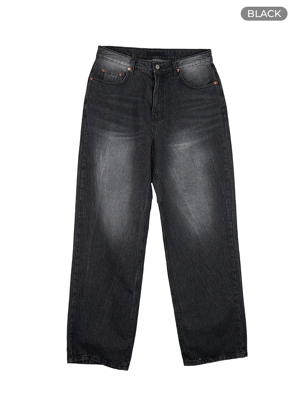Men's Loose Fit Straight Jeans IU412 in black, flat product shot front view, washed fading across thighs, five-pocket design with copper rivets, straight wide leg, full length.