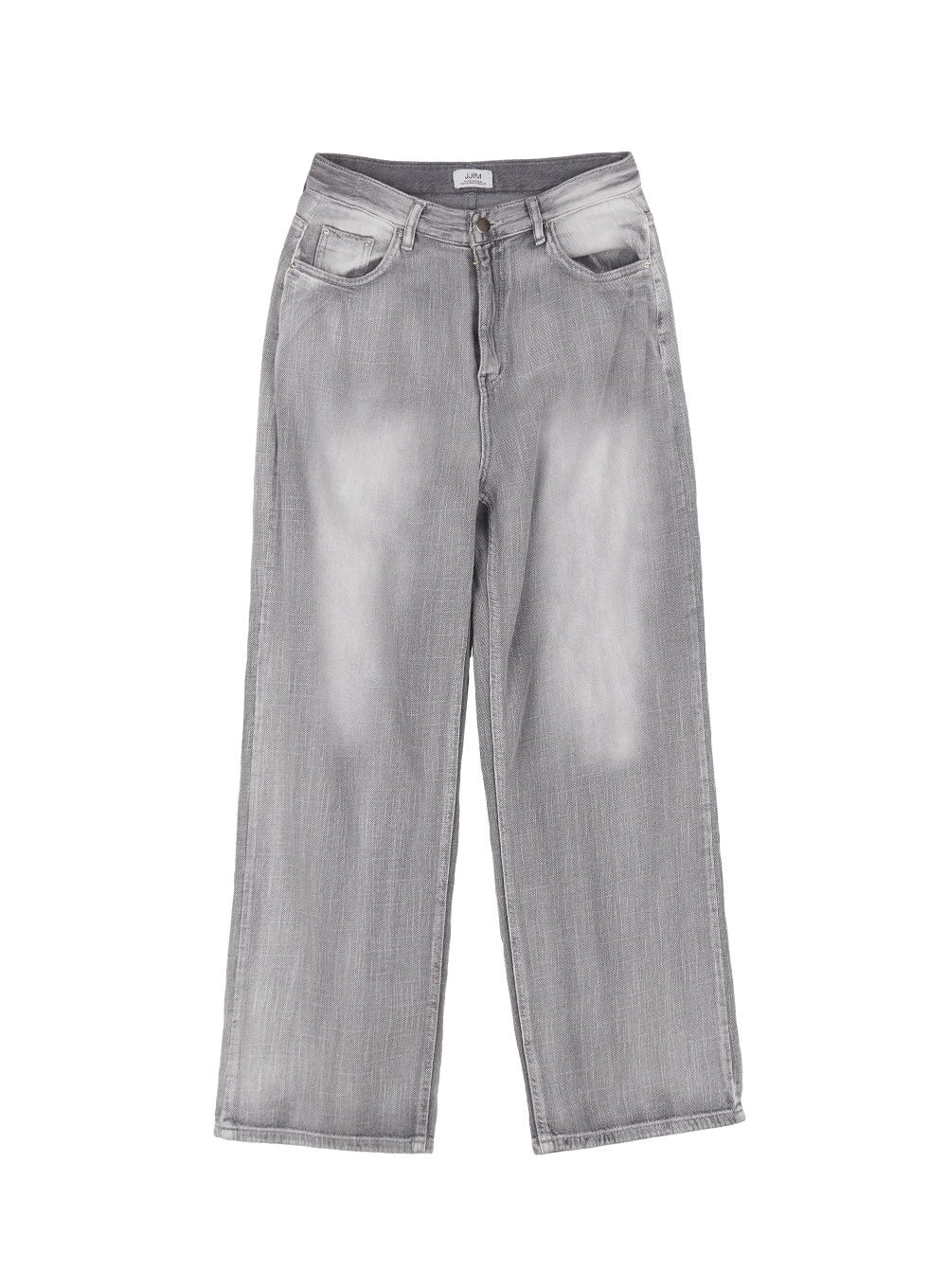 Flore Washed Wide-Leg Jeans IY516 in gray, flat product-only shot, front view showing five-pocket construction, washed fading pattern, button fly, and wide-leg cotton denim silhouette.