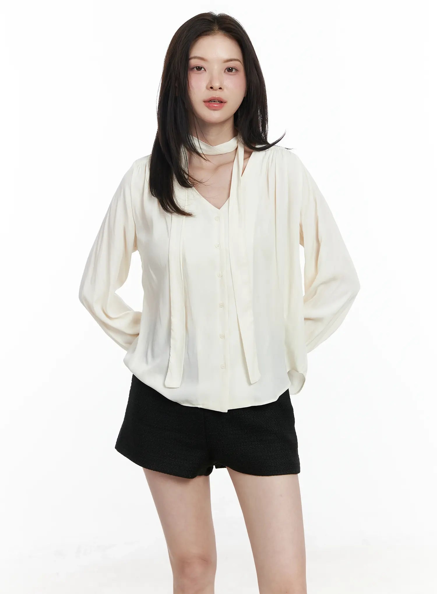 v-neck-shirred-blouse-and-scarf-set-if525